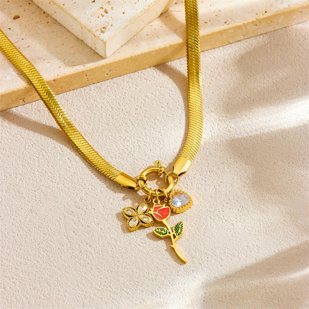 DIEYURO 316L Stainless Steell Rose Flower Pendant Snake Bone Necklace For Women Novel Trend Fashion Neck Jewelry Glamorous Gift
