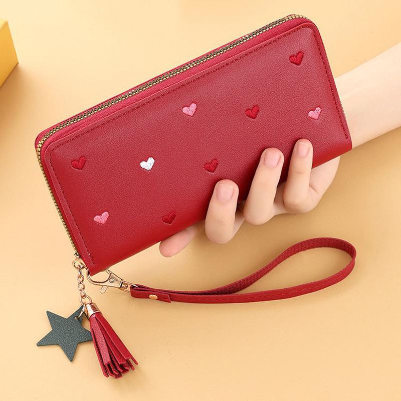 New Long Women Wallet With Heart-Shaped Korean Style Tassel Embroidery Card Holder For Women