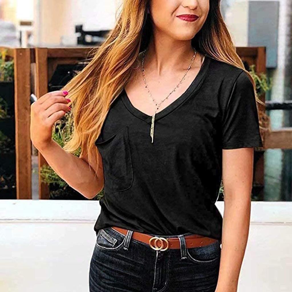Women's Casual Fashion V-Neck Tops Short-Sleeved Pocket Loose T-Shirt