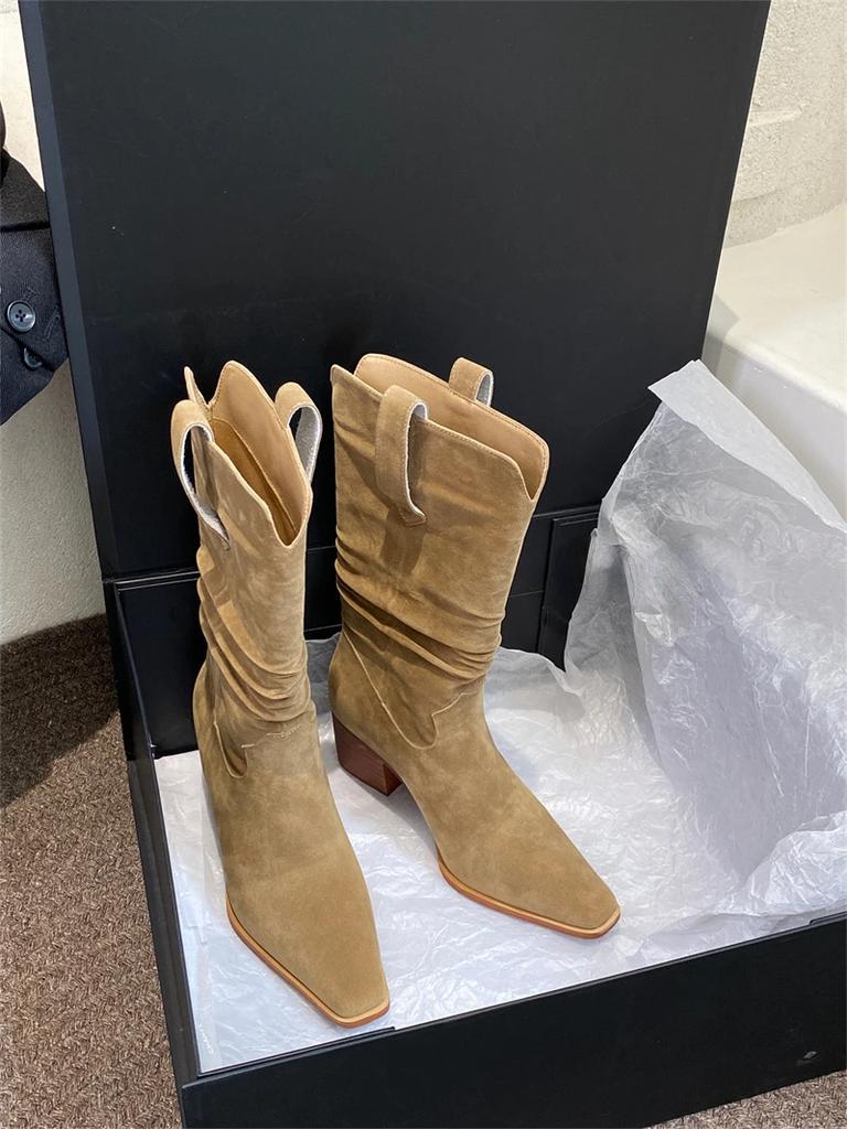 Women's Boots 2024 Classic New Pointed Toe Women's Mid Calf Boots Solid Simple Suede Platform Boots Botas Altas Plataforma Mujer