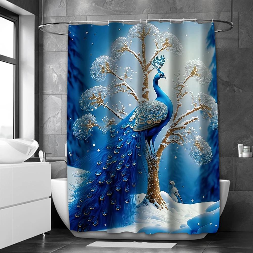 Blue Peacock Bathing Curtain  Bathroom Letters Shower Curtain Waterproof With 12 Hooks Fishes Home Deco