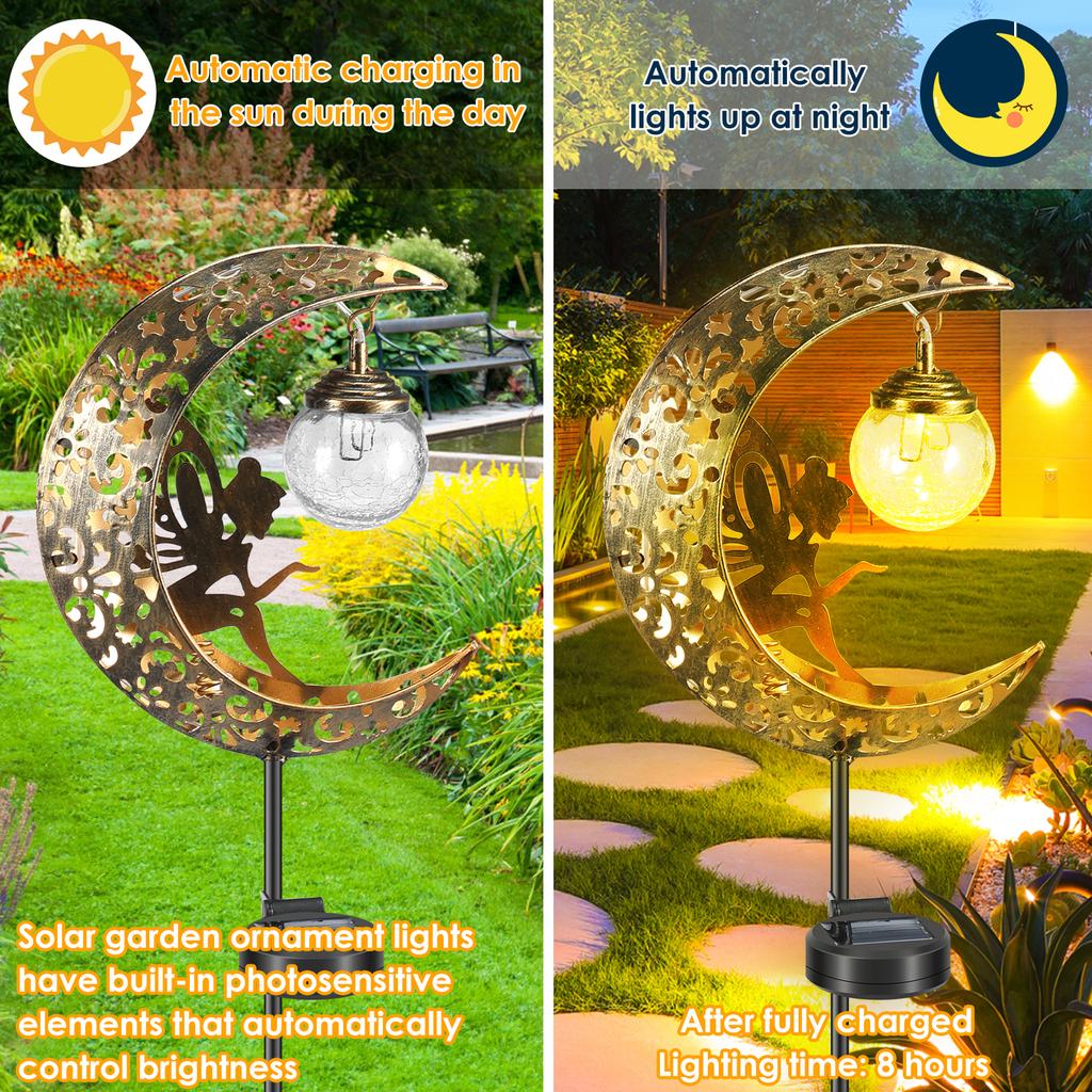 Solar Garden Lights Moon Fairy Crackle Glass Stake Lights Waterproof Warm White LED Metal Decorative Lights Outdoor Pathway