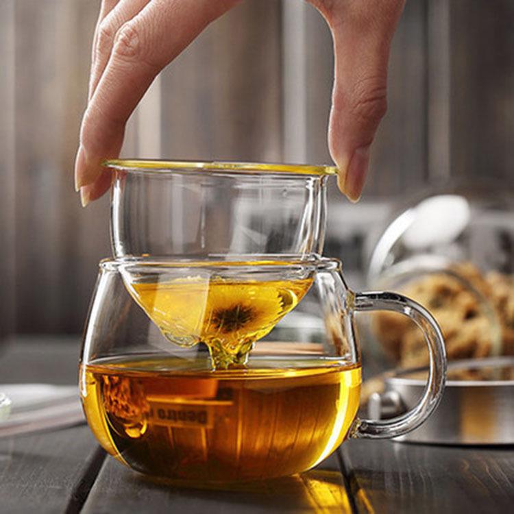 High Borosilicate Glass Flower Tea Cup with Flat Lid and Handle - Three-Piece Design for Tea Brewing and Water Separation