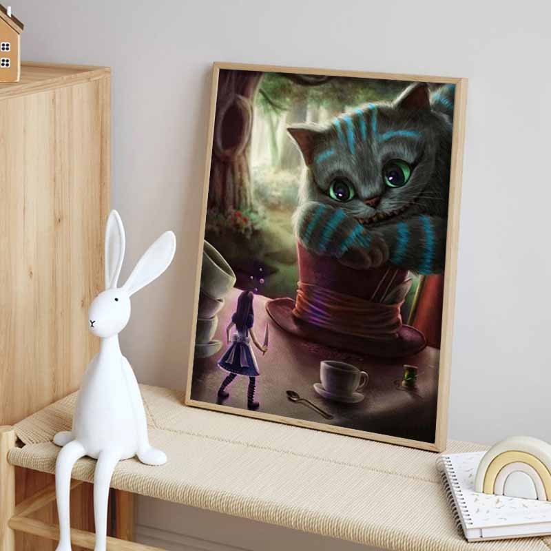 Disney Diamond Painting Cheshire Cat X Alice in Wonderland Dark Fairy Tale Artwork Diamond Mosaic Cross Stitch, Diamond Inlaid Room Decoration Gift
