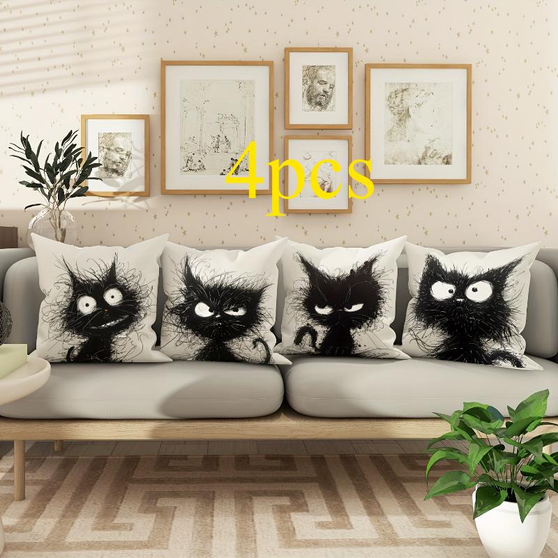

4pcs Fried Kitten Throw Pillow Cover Decorative Sofa Cushion Cover Perfect Choice for Living Room and Bedroom Decoration 45x45cm чорний