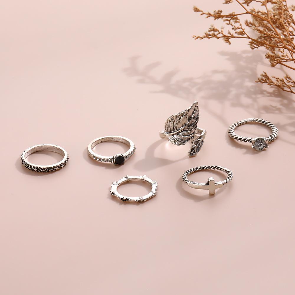 Bohemian 6-Piece Set With Diamond Leaf Ring Open Jewelry Combination