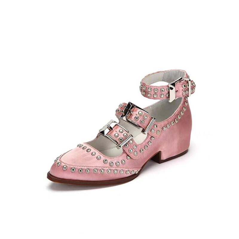 Fashion New Style Round Toe Riveted High Heels Women's Thick Heels Ankle Frenulum Microfiber/Satin Fashion Pearl  Ladies Large Size 43