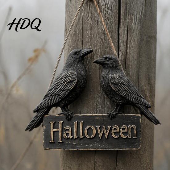 Creative Halloween Gifts Crow Welcome Sign for Front Door, Gothic Black Raven Wooden Wall Hanging Indoor Outdoor Door Hanger Plaque, 2D Flat