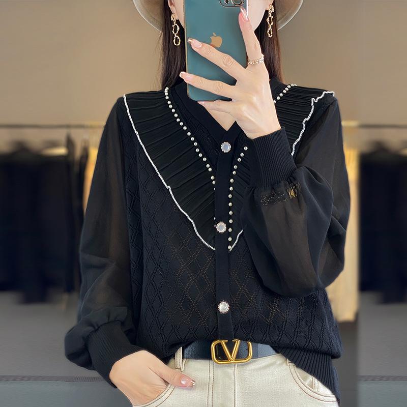 

Женский весенне-осенний новый шифоновый топ с длинными рукавами и вязаный свитер, имитация двух предметов one size fits all чёрный