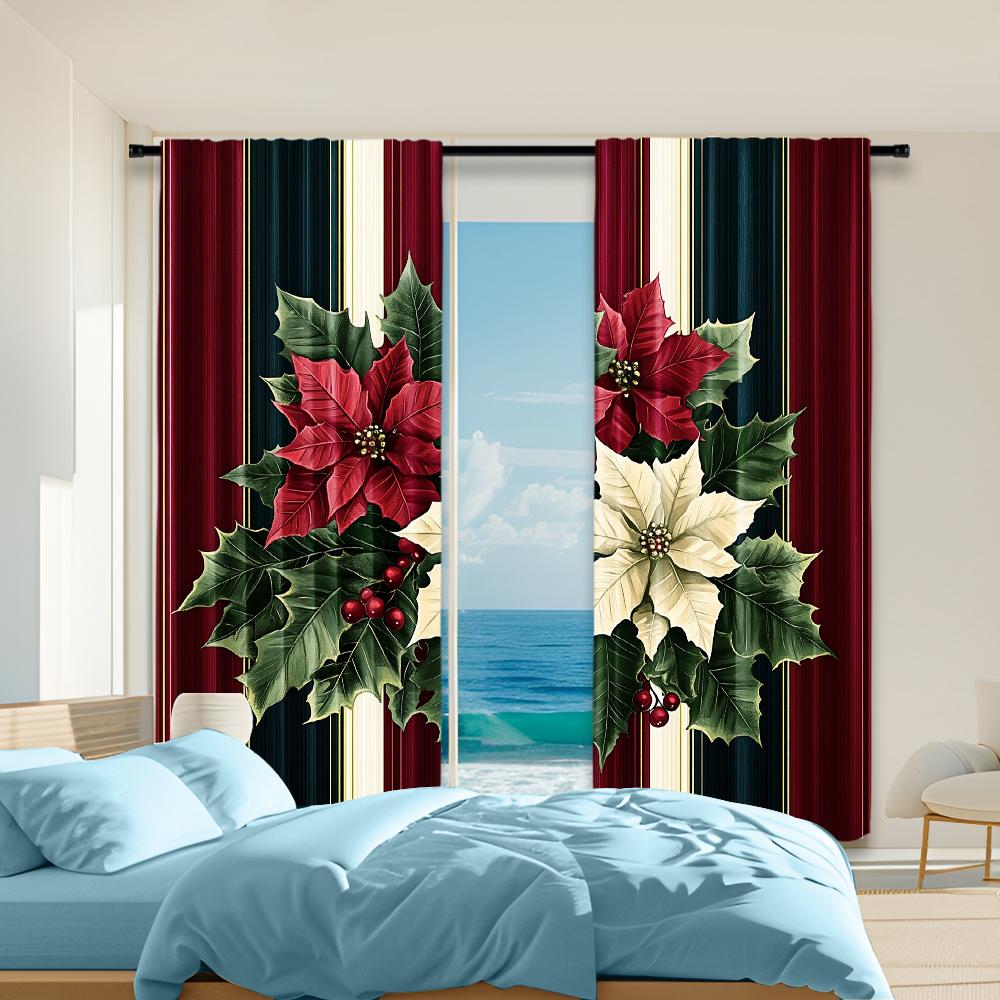 

Set Of 2 Vintage Christmas Flower Polyester Material Window Curtains Design Living Room Bedroom Kitchen Office Curtain With Rod Pocket Perfect For W100*H70(CM)-Grommet top&1PCS
