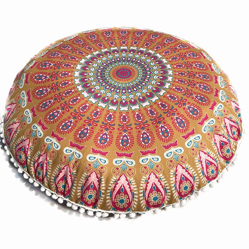 43/80cm Mandala Pattern Floor Pillowcase Round Bohemian Meditation Seat Cushion Cover Pouf Case Retro Feather Printed Home Decor