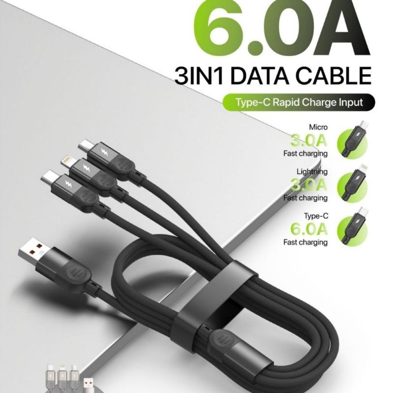 3 in 1 Fast Charging Cable 3 Interfaces Braided Cord Data Line for Phone Tablets Power Supply and Transfer