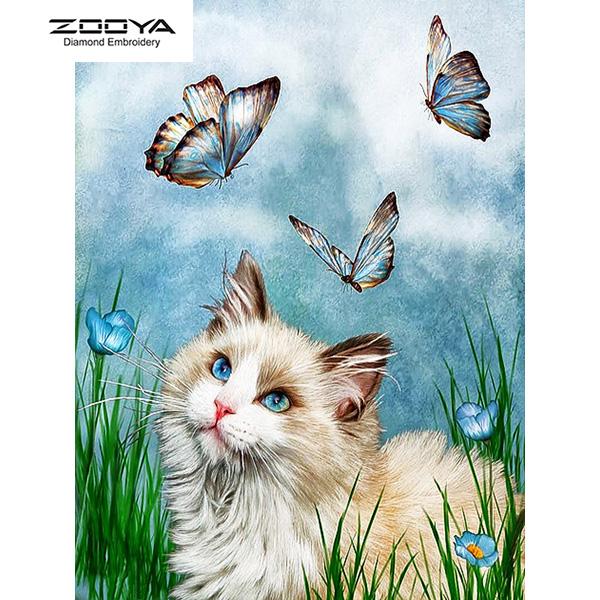

ZOOYA DIY 3D круглая алмазная живопись Кошка и бабочка Вышивка крестиком домашний декор