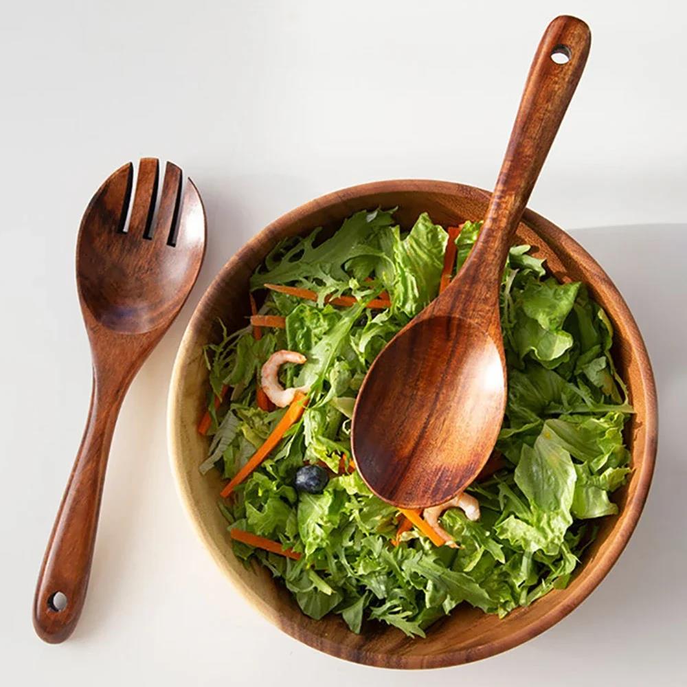 2Pcs Wooden Spoon Kitchen Soup Spoon Cooking Serving Spoons Long Handle Salad Spoon Fork for Mixing Tossing Household Tableware4