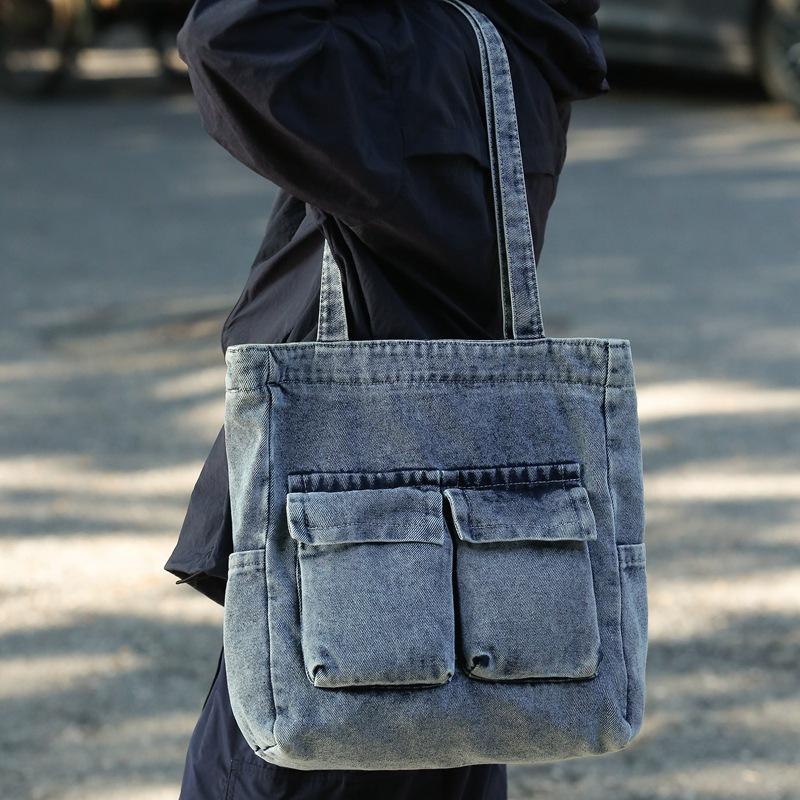 Casual Washed Denim Shoulder Bag, Fashiable Hg Kg Style, Large Capacity Student Backpack for Class, Commuting Tote Bag