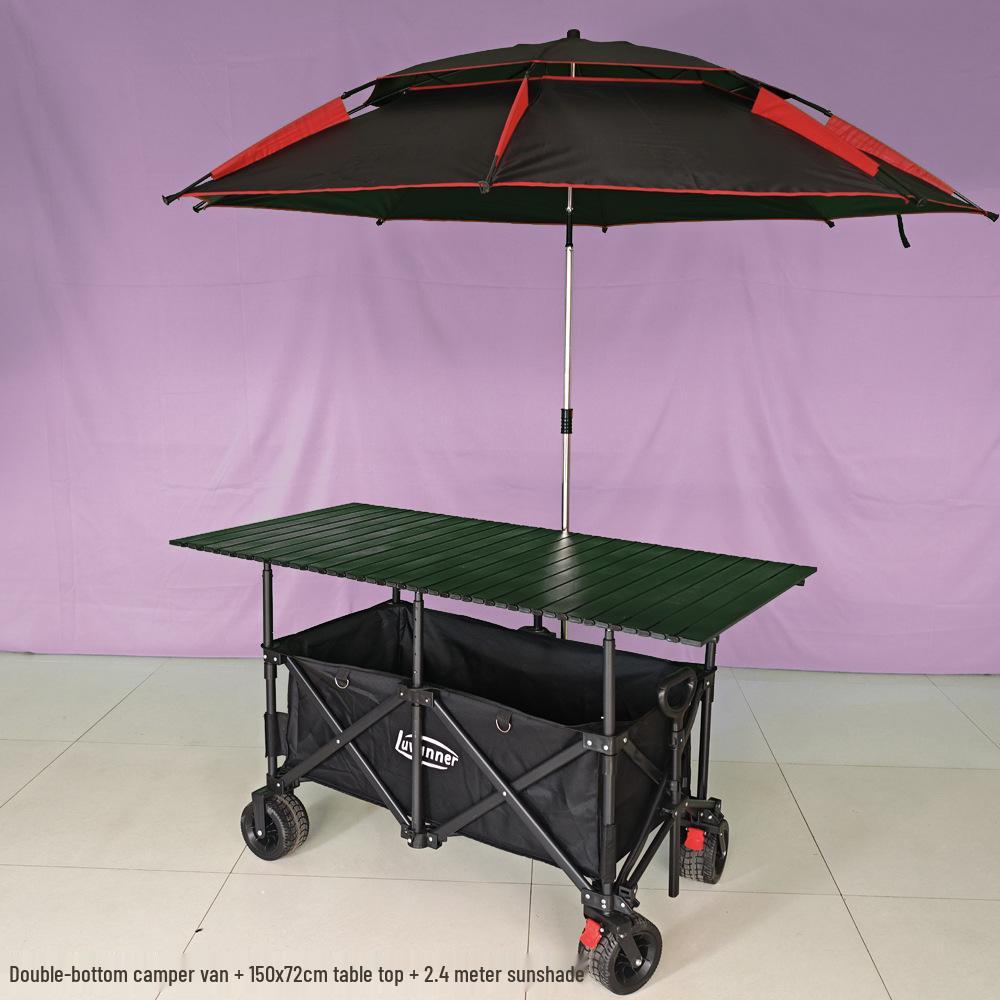 Adjustable Folding Handcart with Umbrella, Elevated Canopy & Table Top for Street Stalls or Camping.