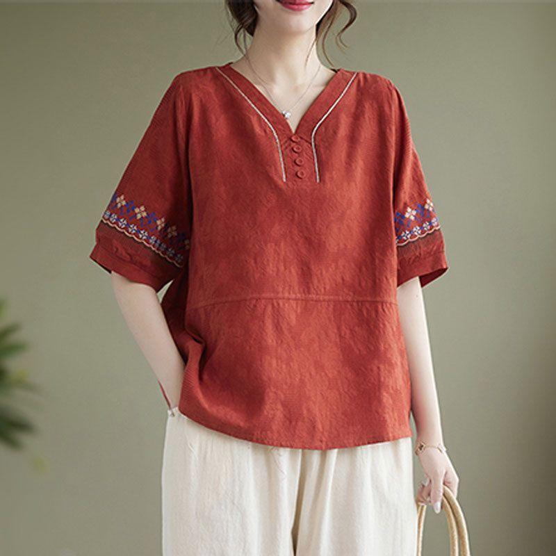 Retro summer fashion mom cotton and linen temperament loose and slim suit top