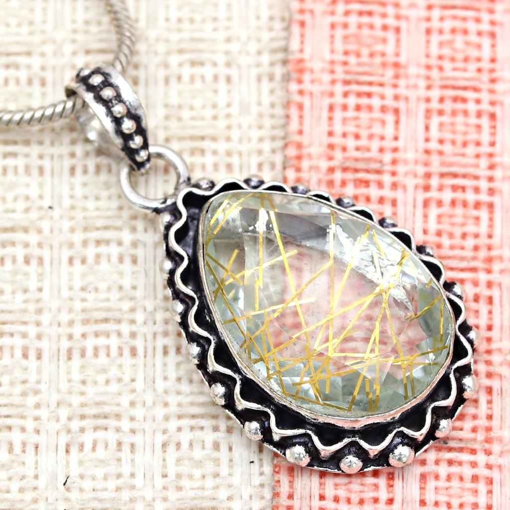 Rutile  Golden Set Earring Jewelry 18-20'' Pendant Quartz Sterling