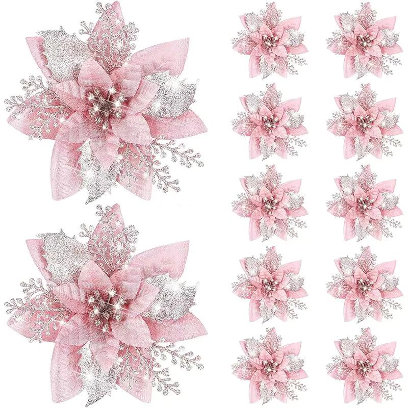 5/10Pcs 14.5cm Christmas Decoration Artifical Flower Ornaments Pink Red Gold Glitter Fake Flowers For Xmas Tree Home Decor