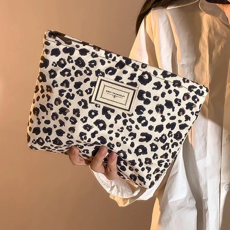 Leopard Print Canvas Makeup Bag For Women, Portable Travel, Skincare Products, Lipstick Storage Bag, Toiletry Bag