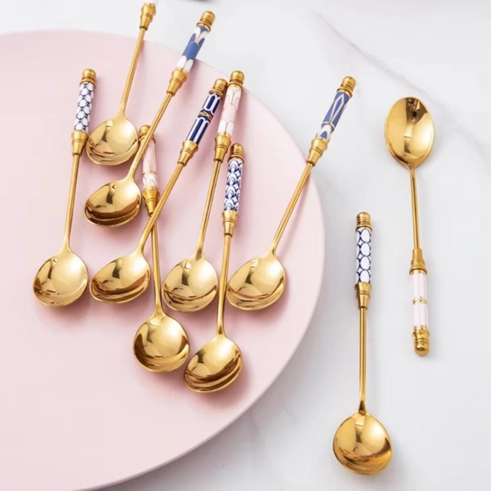 Stainless Steel Dessert Spoon Fork Ceramic Handle Fruit Forks Pastry