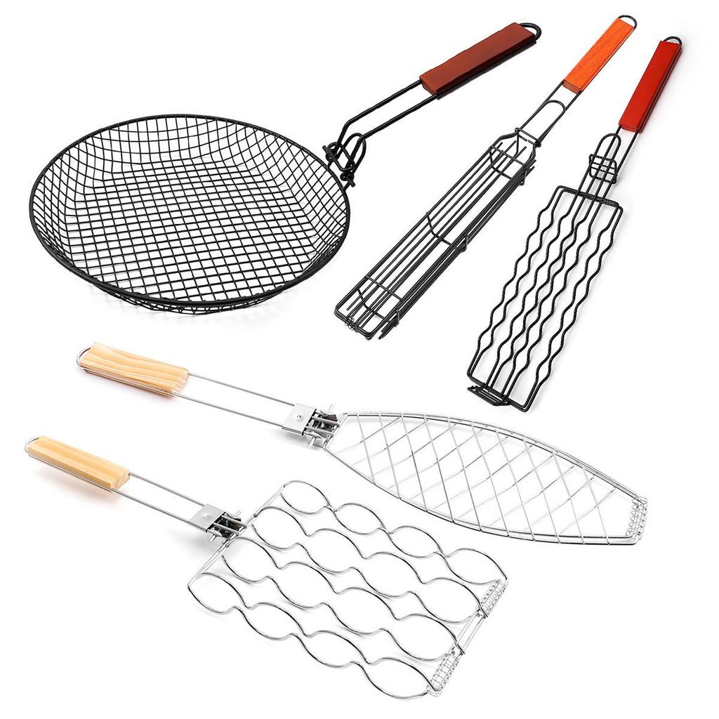 Spot Removable Non-Stick BBQ Grill Rack with Wooden Handle for Sausage, Fish, and Corn