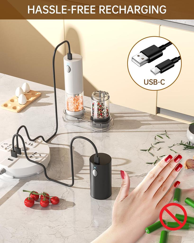 Sobtoe Lot de 2 moulins à poivre et sel électriques à gravité, rechargeable et automatique avec grosseur réglable, salière et poivrière électrique, lumière LED