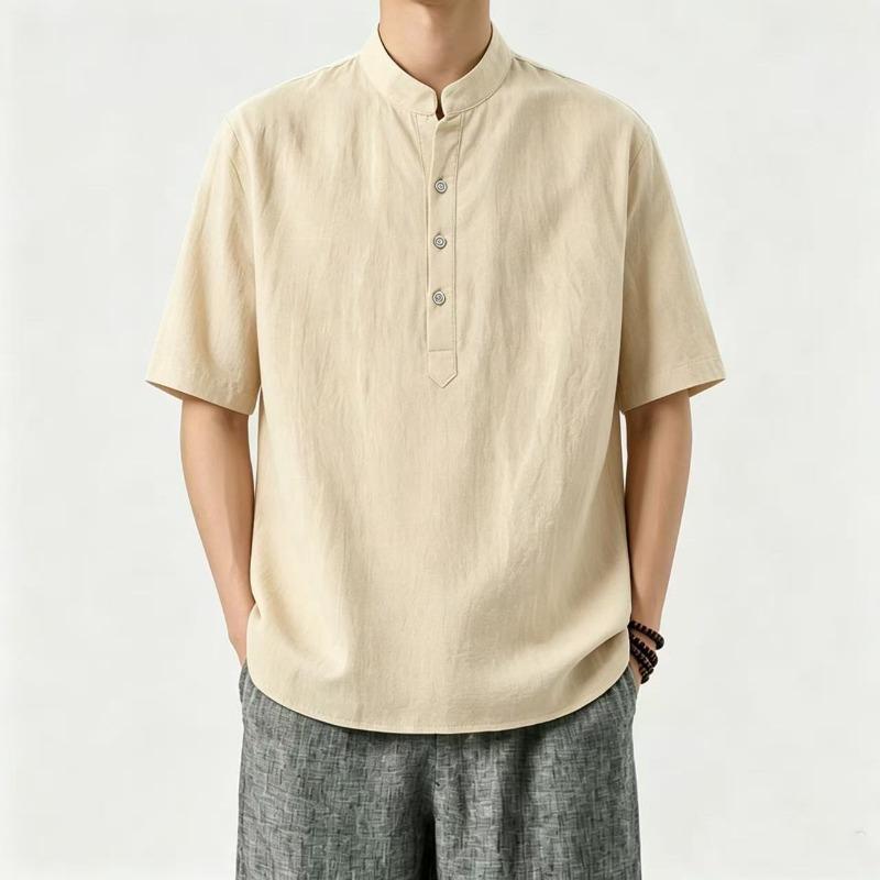 Mens Chinese Style Cotton Linen Stand Collar Short Sleeve Shirt