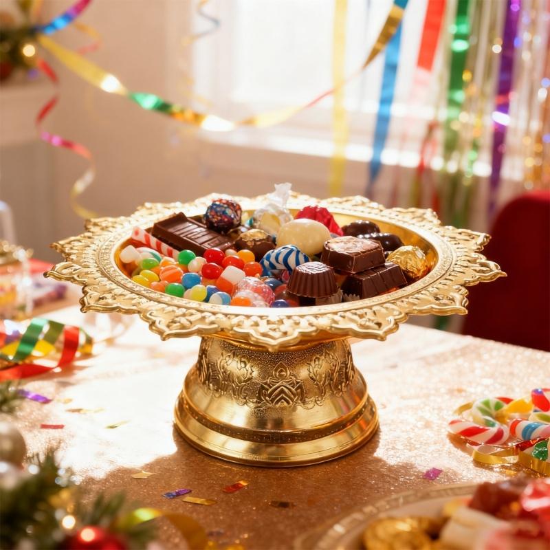 Decorative Alloy Offering Plate with Ornamental Pattern Tall for Religious Ceremonies Home Decoration Highlight