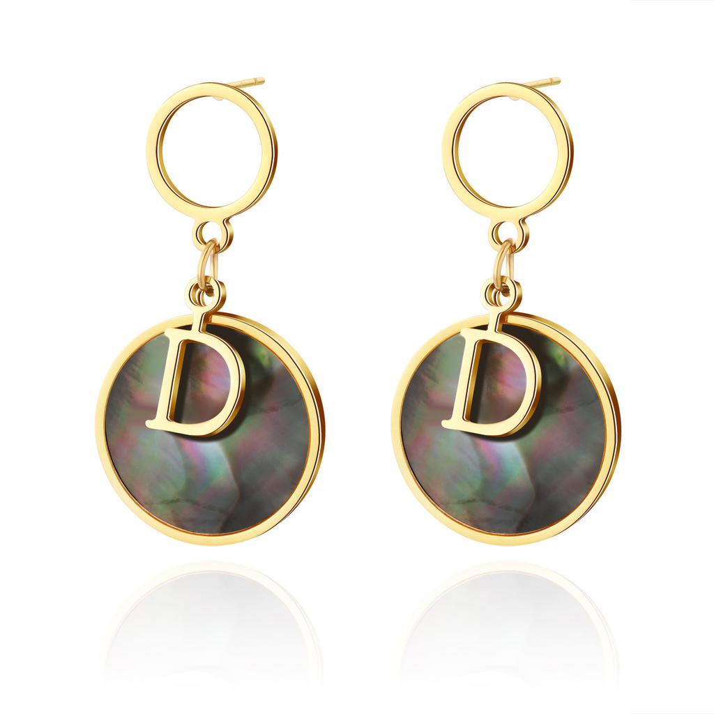 D Word Fritillary Earrings Stainless Steel Gold-Plated Round Pendant Niche Design Big-Name Wind Advanced Titanium Steel Earrings