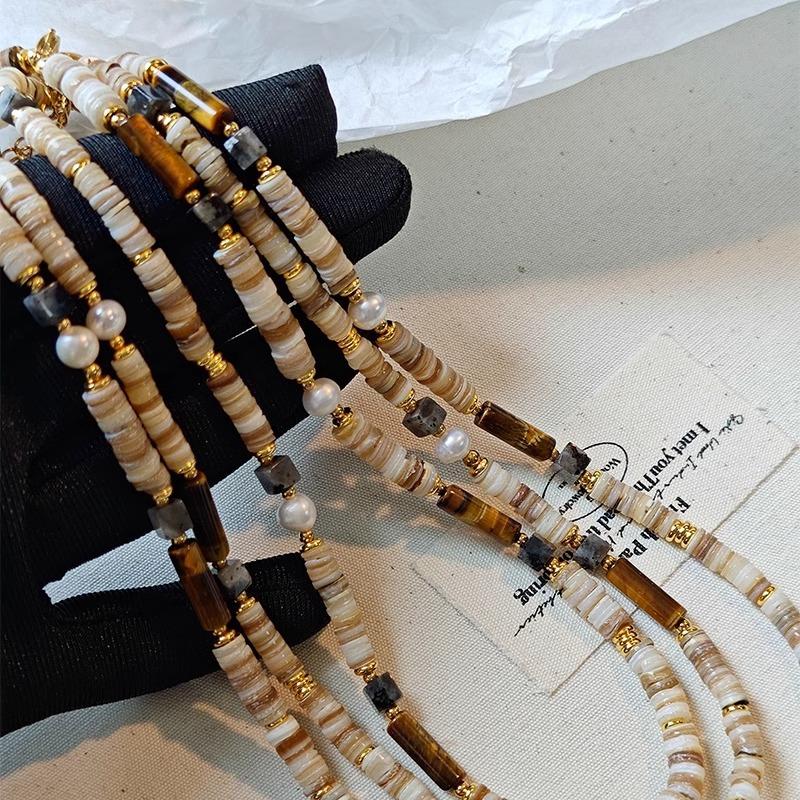 Handmade Natural Tiger Eye Red Agate Shell Freshwater Pearl Beaded Necklace Women Choker Strand