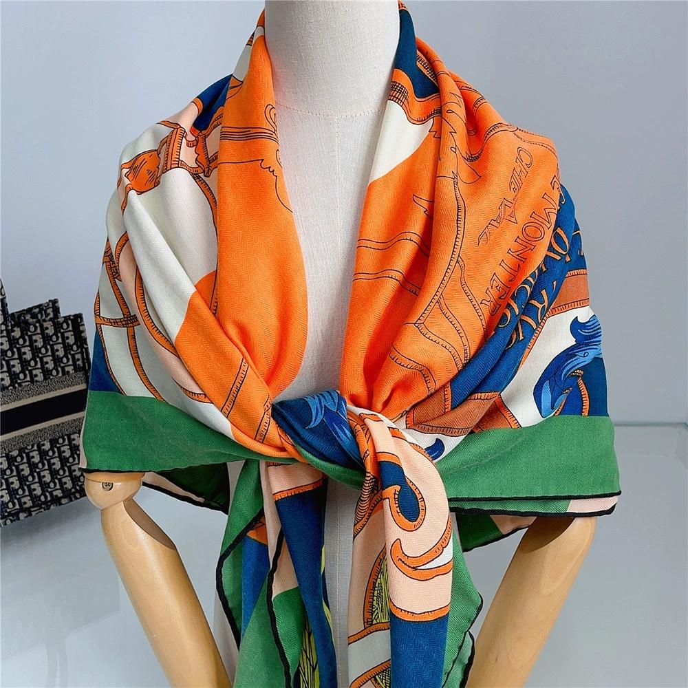 130CM Women Large Square Shawl and Scarf French Printing Luxury Colorful Kerchief Bandana Hijab Scarf