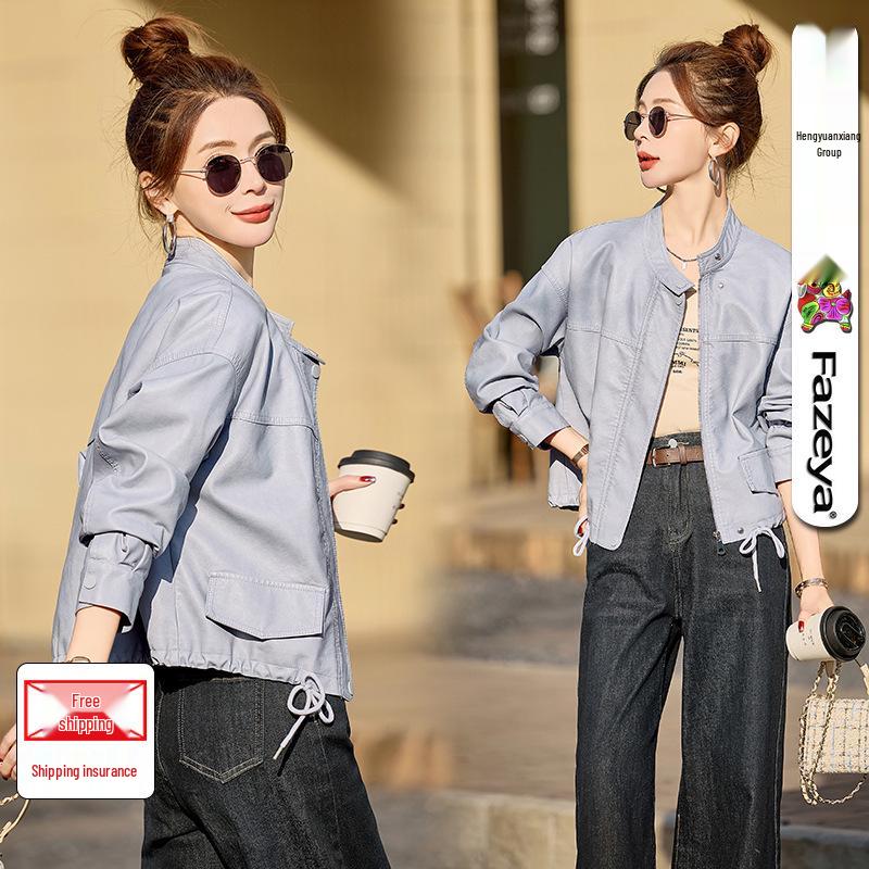 

Женская куртка из искусственной кожи PU с эффектом ретро от Hengyuanxiang - Повседневная, модная и свободного кроя для весны и осени. Medium синий