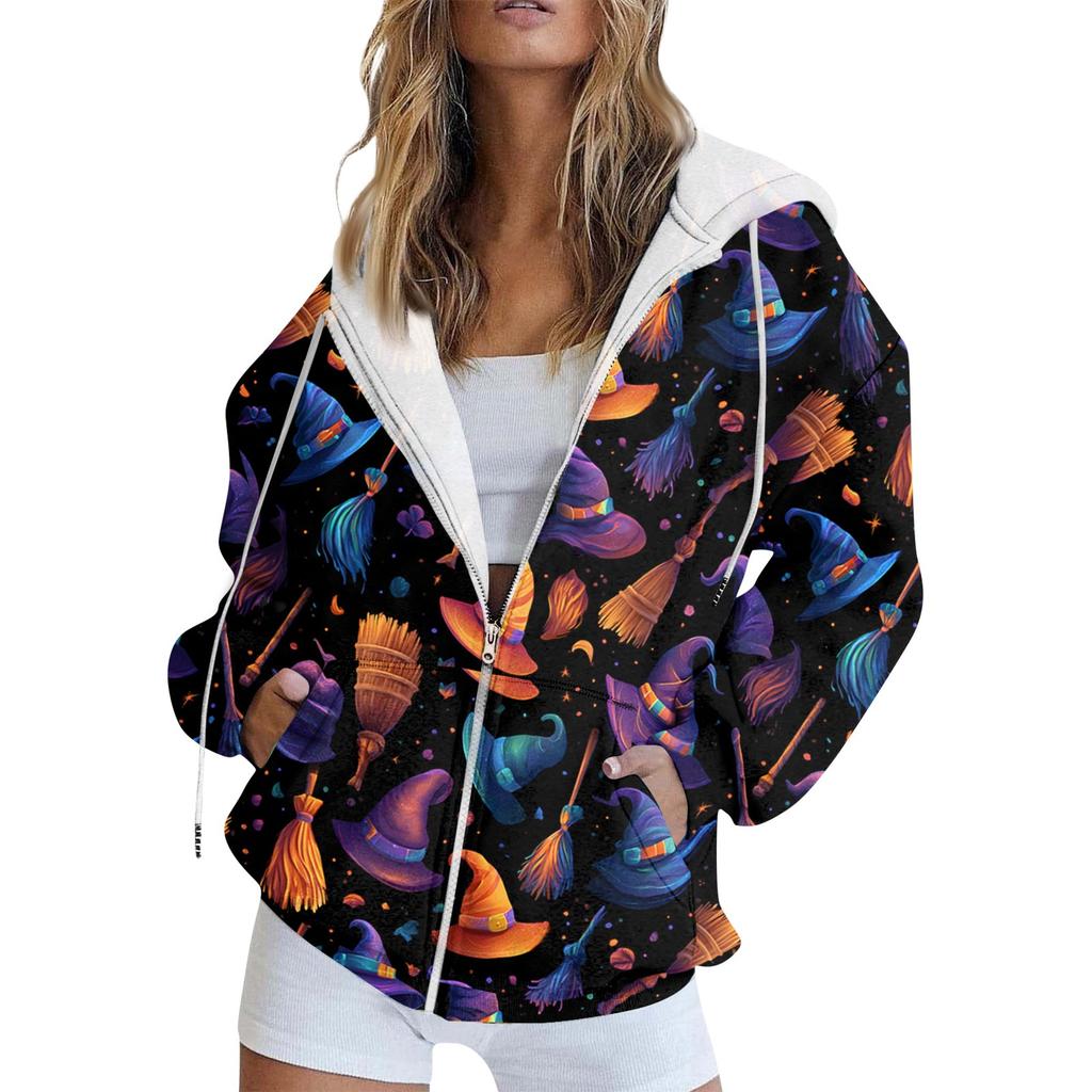 Women's Fashion Casual Halloween Printed Sweatshirt Long Sleeve With Pocket Cardigan Jacket Zipper Hoodie Coat