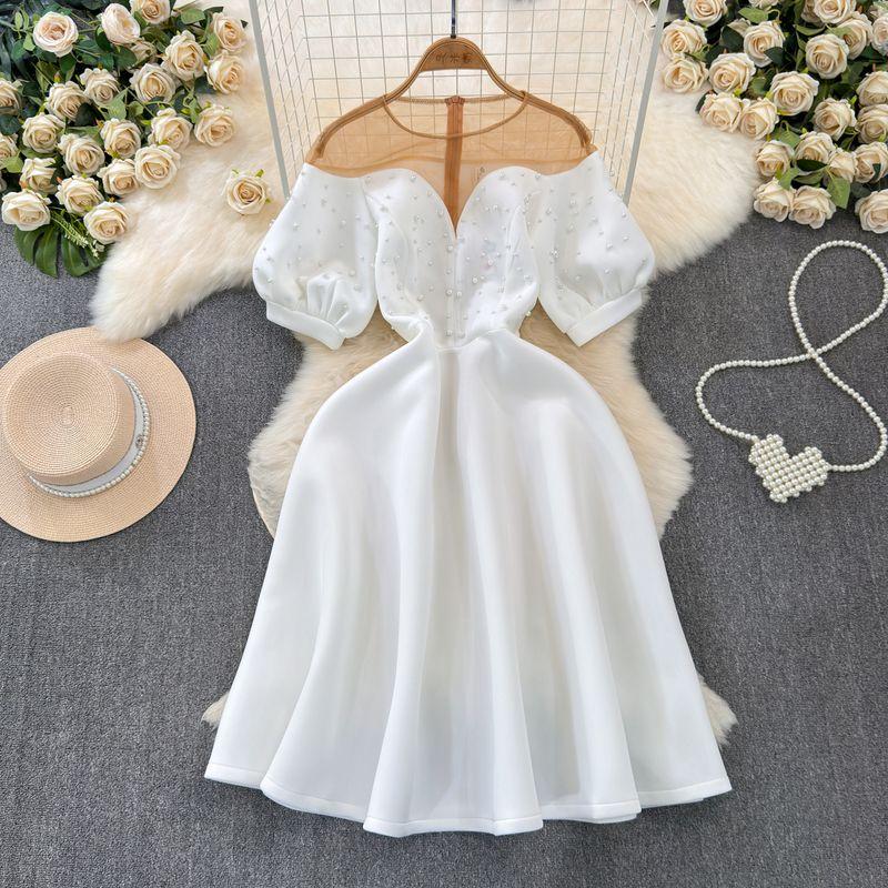 

Summer French Style Retro Sheer Mesh Splicing Beads Puff Sleeves Dress Dress Ladies Cinched Swing Dress White L