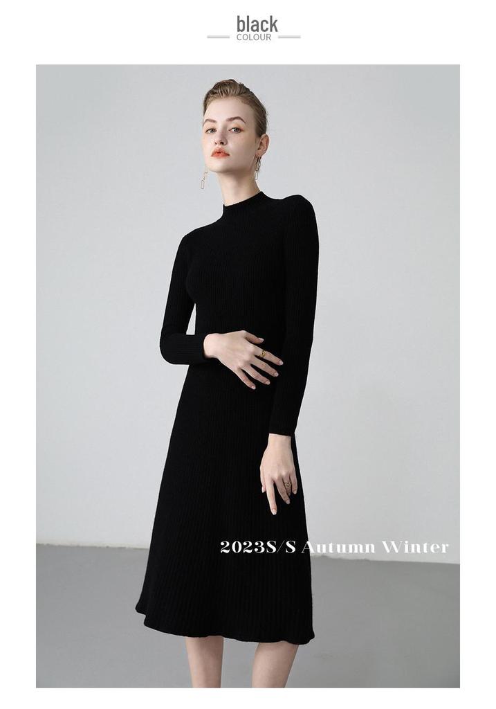 Women's Slim-Fit Over-the-Knee Cashmere Sweater Dress with Half-High Collar and Long Sleeves for Autumn-Winter.