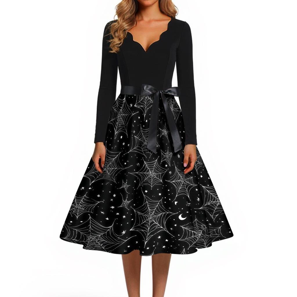 Women's Casual Vintage V Neck Dress Long Sleeve Halloween Print Swing Dress with Waist Tie Retro Style Midi Dress