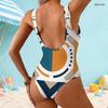 Women Plus Size Scoop Neck Wide Straps High Cut One Piece Geometric Printed Swimsuit