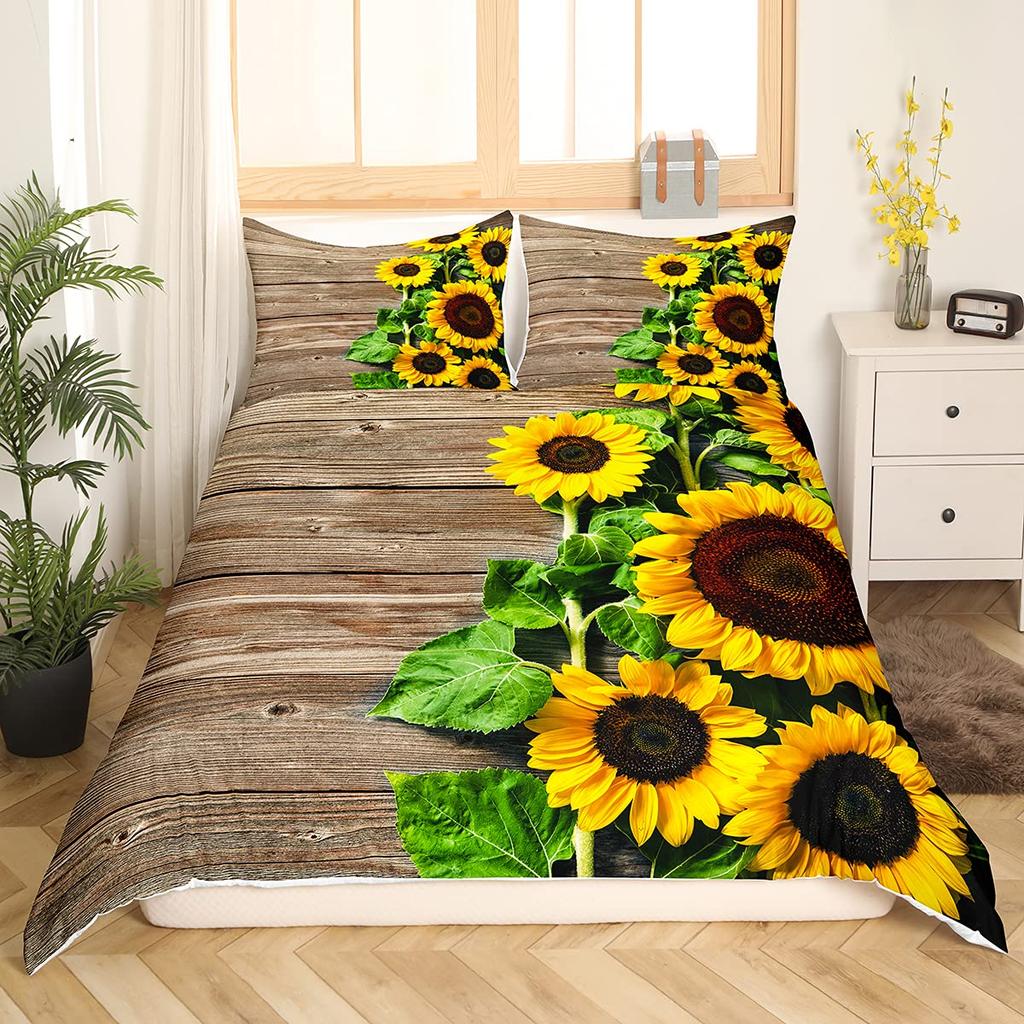 Yelow Flower Soft with Soft Fabric Duvet Cover Set Sunflower Bedclothes Sunflower Fields With Sunset Printed Botanical Flowers Beding Set