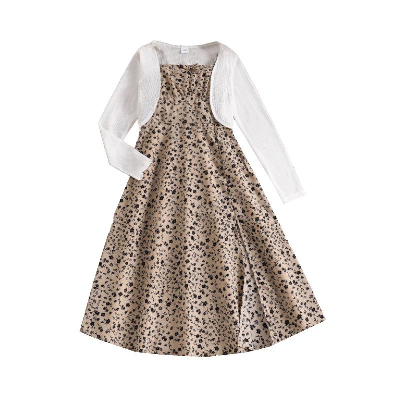 Elegantes Mädchenkostüm 2025 Sommer Kindermode Blumen Schlitz Neckholderkleid Langarm Strickjacke Jacke