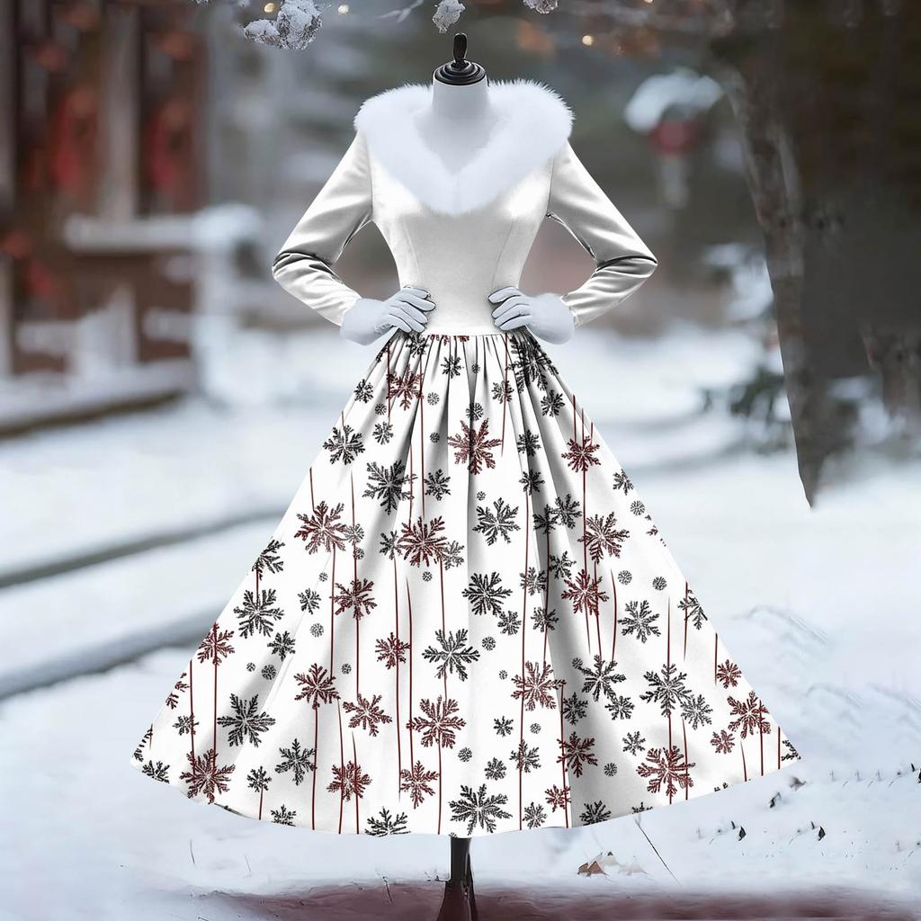 Women's Casual Dress Long-Sleeve V-Neck Patchwork Fleece Christmas Print Dress