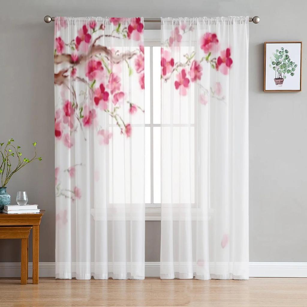 Blooming Sakura Japan Cherry Branch Sheer Curtains For Living Room Window Transparent Voile Tulle Curtain Bedroom Drapes