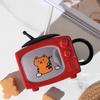 Retro Cat TV Ceramic Mug with Lid & Straw 450ml Cute Coffee Cup Leak-Proof Heat Resistant TV Shape Milk Beer Mugs Novelty Gift Home Decor
