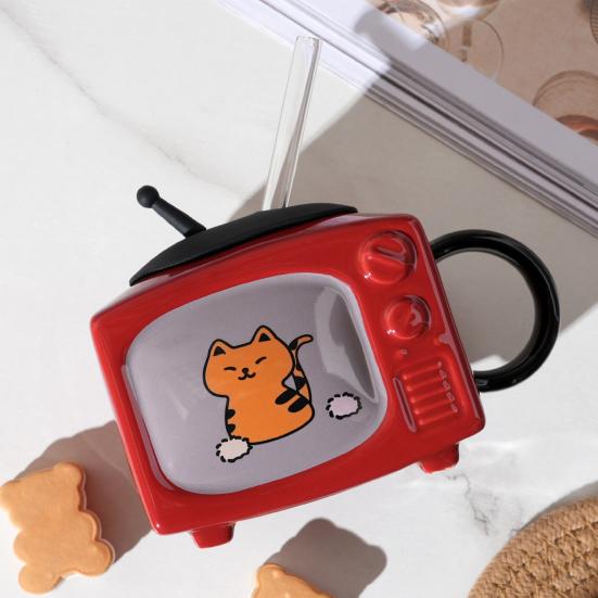 Retro Cat TV Ceramic Mug with Lid & Straw 450ml Cute Coffee Cup Leak-Proof Heat Resistant TV Shape Milk Beer Mugs Novelty Gift Home Decor