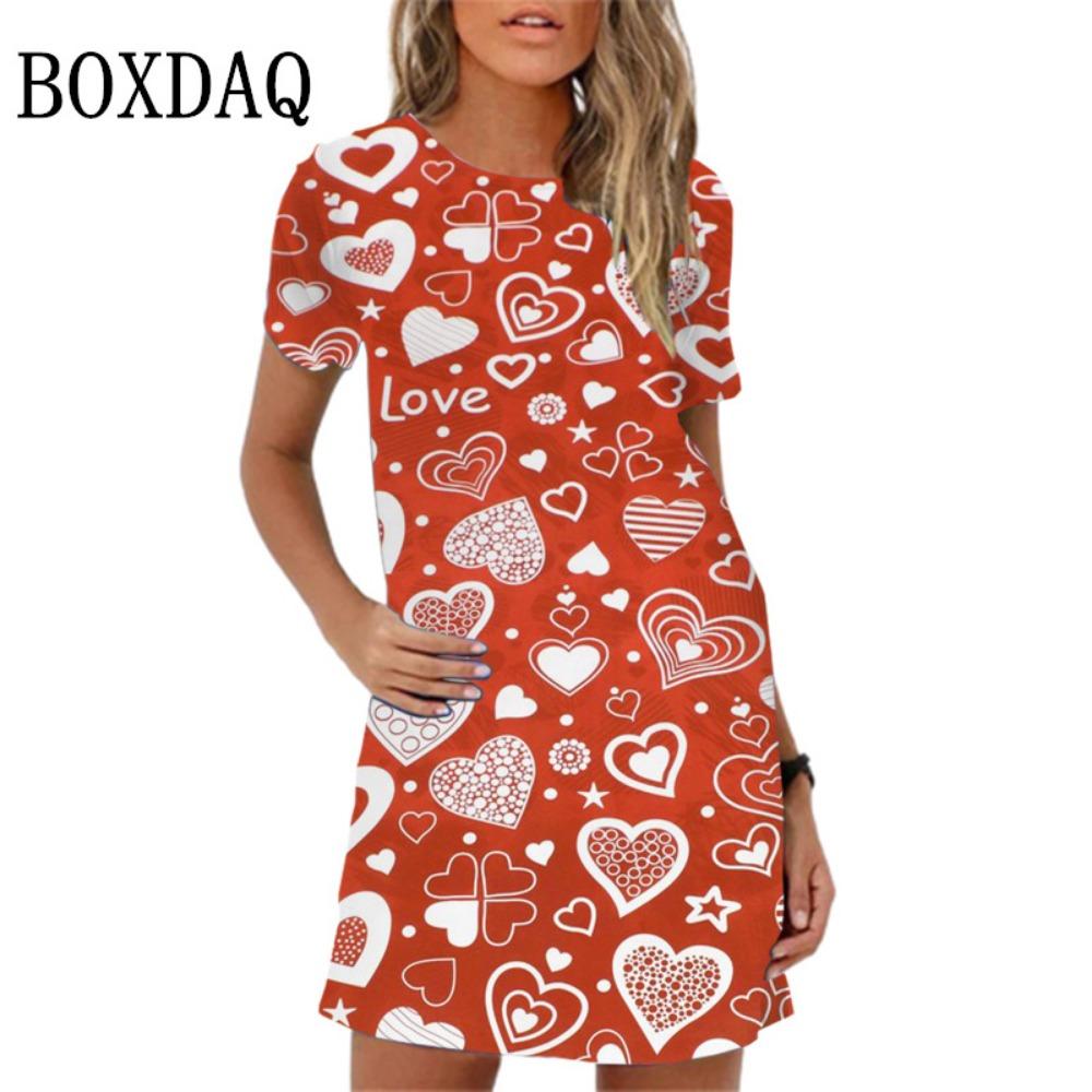 Elegant and sweet love pattern printed mini dress for women and girls, short sleeved, summer, spring, oversized sun dress