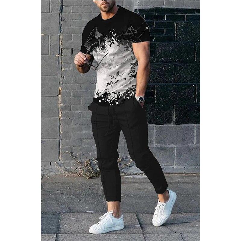 Pantaloni Estivi da Uomo Tuta Set 2 Pezzi Maglietta a Maniche Corte con Stampa 3D Divertente Cuore Sanguinante+Pantaloni Lunghi Abbigliamento Street