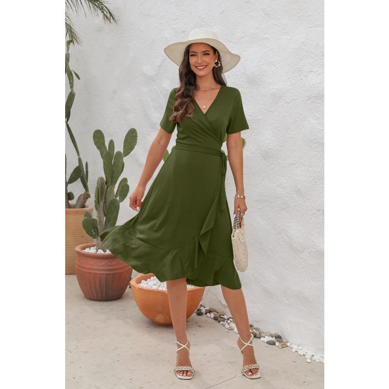 Rochie de vară pentru femei de dimensiuni plus mari, cu decolteu în V, cu talie înaltă, rochie cu cravată, culoare uni, rochie lungă cu mâneci scurte, rochii de călătorie de vacanță
