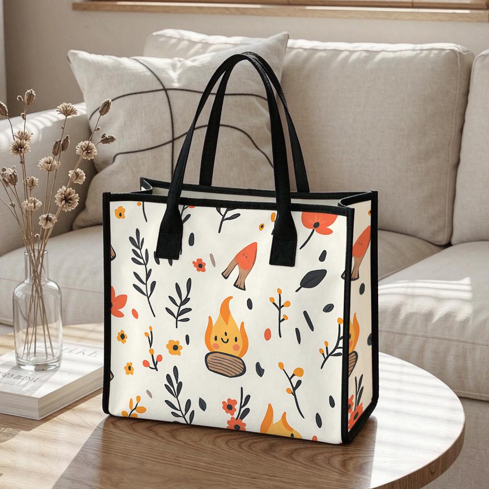 Cute Cartoon Flame Printed Portable Canvas Tote Bag for Daily Use