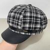 Xiaoxiang Style Patterned Woolen Octagonal Hat for Women Winter Newsboy Hat PU Leather Retro Temperament Fashionable Duck Beret