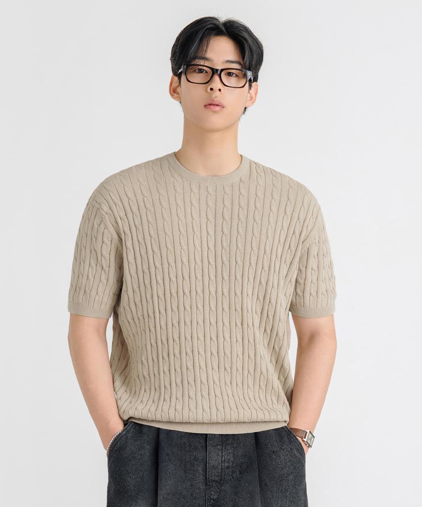 LEMAIN SECOND Oversized Washable Crew Neck Cable Short Sleeve Knit_5 Colors